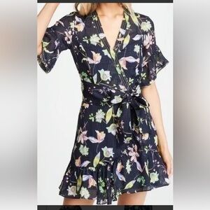 TANYA TAYLOR GARDEN PRINT BRANDY FLORAL COTTAGE NAVY SILK MINI DRESS GD COND 8